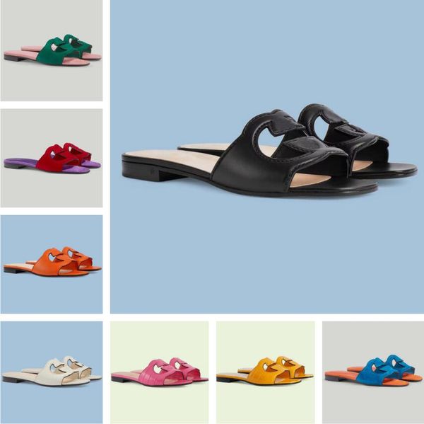 

summer 23s/s brand women interlocking sandals shoes cut-out slide beach flats suede & leather slip on slippers ladies comfot casual walking, Black