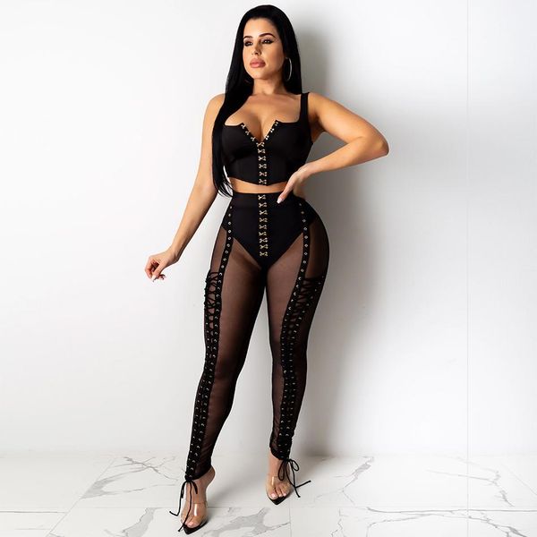 

capris handmade lace up pants black white see through mesh flex game strong leggings with gold eyelets in front fashion clubwear