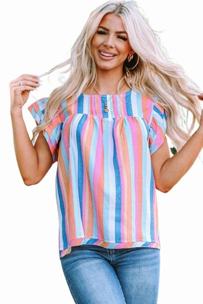 

rose striped tiered ruffle cap sleeve 2023 new g58d#, White
