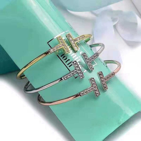 

designer new tiffay diamond inlaid double t open bracelet women's versatile tiktok ring live broadcast jewelry, Black