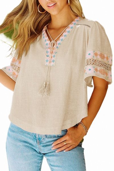 

beige tassel drawstring embroidered half sleeve v neck v0pb#, White