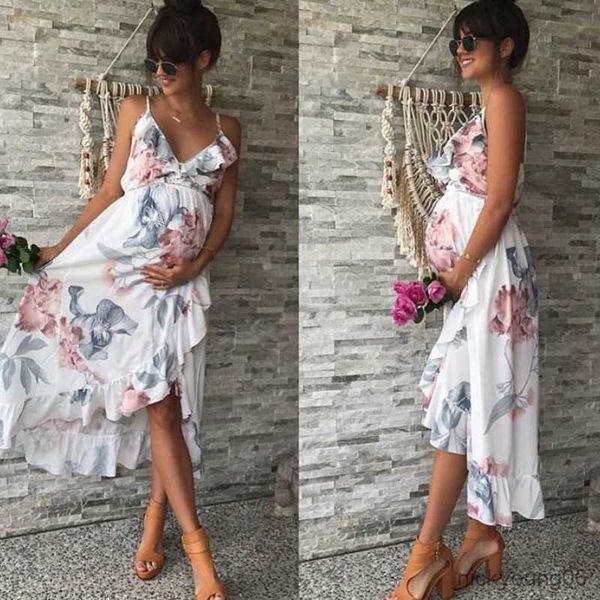 

spring long maternity dresses for pregnant women clothes flowers print pregnancy dress gravidas maternity clothing r230519, White