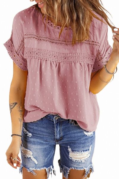 

pink swiss dot lace splicing short sleeve z77y#, White