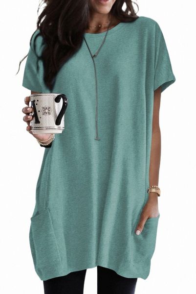 

light green side pockets short sleeve tunic 96di#, White