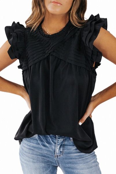 

black ruffle sleeve pleated yoke loose 2023 new h2fc#, White