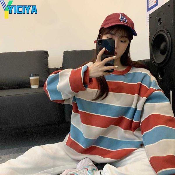 

yiciya women's hoodies sweatshirts autumn and winter thickened sweatshirt striped college style long-sleeved pullover loose hoodie fash, Black
