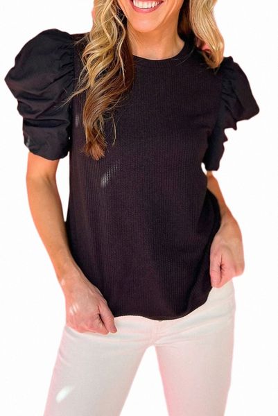 

black ribbed puff short sleeve 2023 new p90m#, White