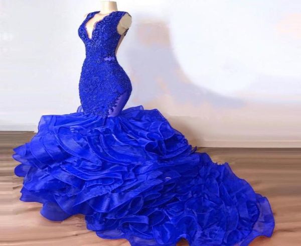 

luxury royal blue lace beaded mermaid prom dresses v neck 2020 puffy cascading ruffles long evening gowns party dress vestido9240773, Black;red