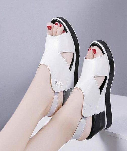 

summer shoes ladies wedge peep toe sandals 2021 new platform height increasing leather non slip sole women fashion casual sandal6564504, Black