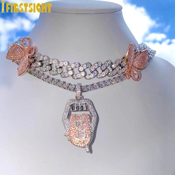 

chokers iced out bling 5a cz mouth pendant necklace dollar symbol micro pave dripping lips silver color tennis hip hop women men 230519, Golden;silver