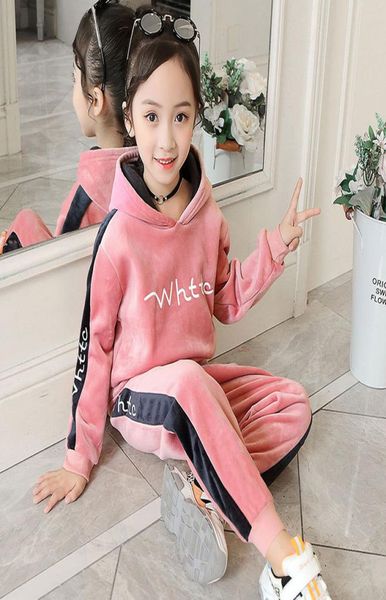 

retail boys girls gold velvet plus thick hooded sports tracksuit kids 2pcs outfits soccer tracksuit kids designer tracksuits cloth5200157, White