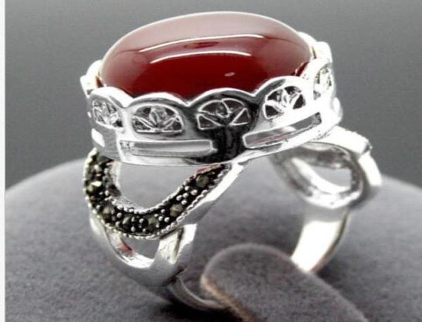 

16x16mm natural red agate gems marcasite 925 sterling silver ring size 7899472121