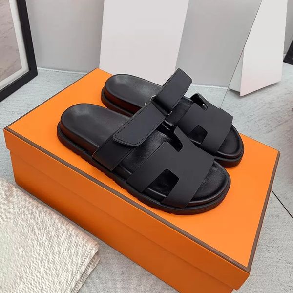 

designer chypre slippers beach classic flat sandals luxury summer lady leather flip flops men women slides size 35-45 with box, Black