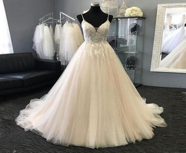 

ball gown wedding dresses 2018 elegant v neck spaghetti appliques lace beading tulle backless wedding gowns bridal dresses2074973, White