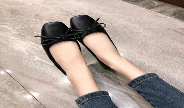 

2020022502y 1cm heel classic beige black genuine leather calf skin bowknot square toe flats4224372
