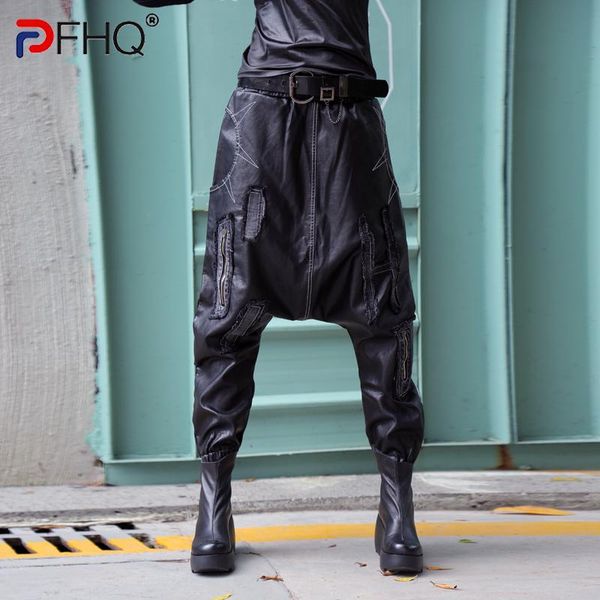 

pants pfhq pu leather pants hanging crotch european station autumn winter 2023 hip hop high street tide dark trouserss 12a6187, Black