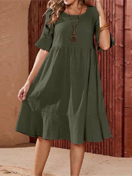 

basic casual dresses women clothing spring summer large swing midi skirt solid color loose casual pleated crew-neck flared short-sleeved dre, Black;gray