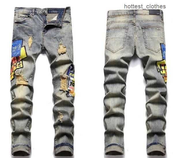

men's jeans am european jean with holes printing trend elastic slim fit pants high end versatile 3172 mm70gg2 1 vyzl, Blue
