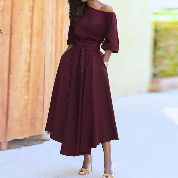 

dresses elegant one shoulder pleated dress women short sleeve high waist belt maxi party dress female solid long robes summer, Black;gray