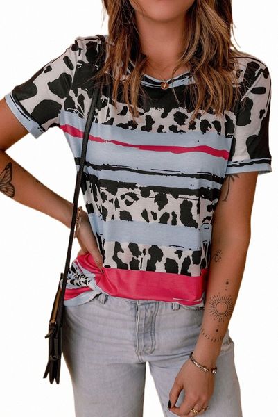 

cow leopard striped o-neck western tee 2023 new q7bz#, White