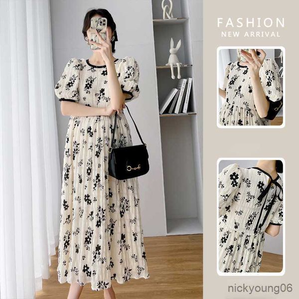 

maternity dresses new summer temperament pleated casual dress loose floral short-sleeved fashion pregnancy skirt r230519, White