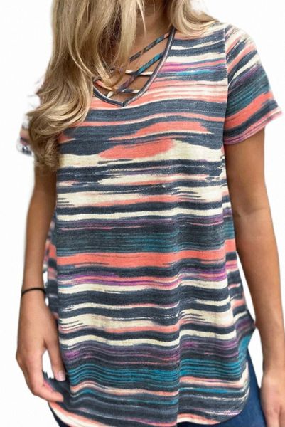

multicolor striped crisscross neck short sleeve d8c9#, White