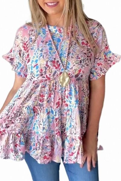 

pink floral print ruffle sleeve babydoll f4lt#, White