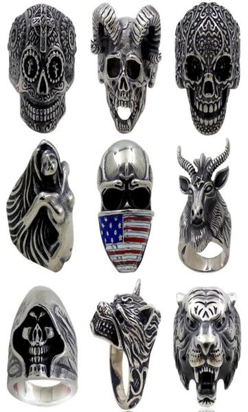 

5pcslot vintage gothic wolf head ring men skull ring punk jewelry accessories demon satan goat skull ring5694720, Golden;silver
