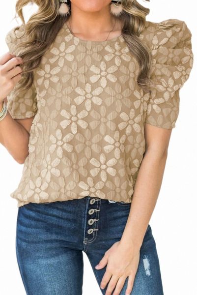 

apricot floral lace ruched bubble sleeve r5gb#, White