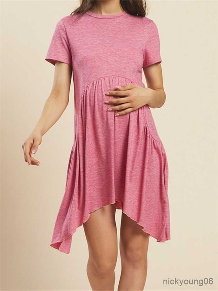 

women pregnant maternity dresses 2023 summer solid color short sleeve loose pleated pregnancy dress maternity clothes r230519, White