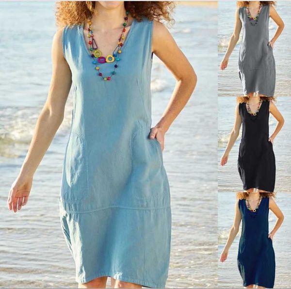 

women's dress clear cotton u-neck sleeveless pocket mid length dress, White