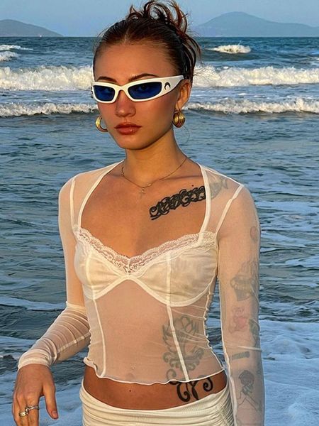 

womens tshirt fashion lace trim mesh crop 90s aesthetics patchwork square neck long sleeve white tees summer tshirts 230519