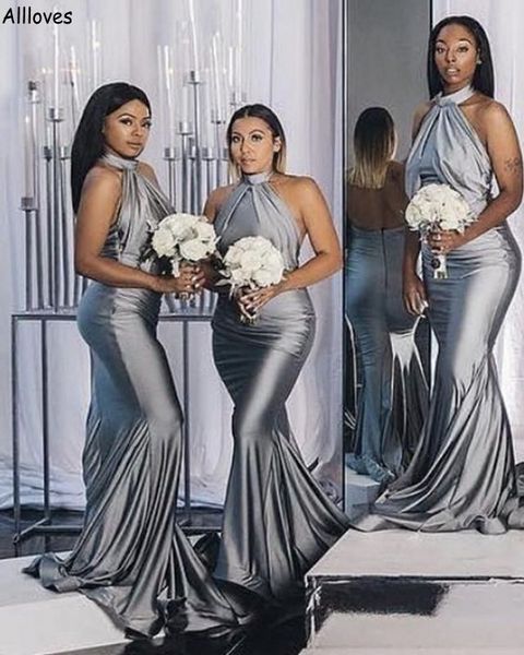 

silver halter mermaid bridesmaid dresses for nigeria african black girls sleeveless floor length long maid of honor gowns plus size wedding, White;pink