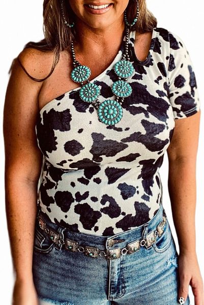 

white one shoulder cow print cut out short sleeve p4us#