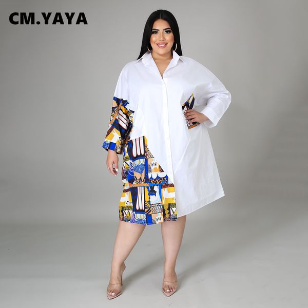 

plus size dresses cm.yaya women size dress patchwork full sleeve single breasted loose straight midi fashion casual vestidos summer 230518, Black