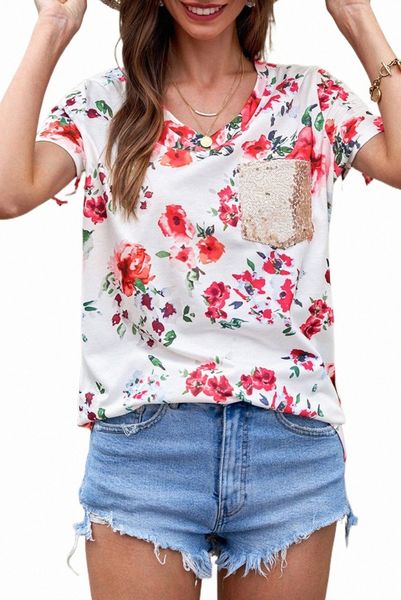 

white sequin pocket v neck floral t-shirt 2023 new n7es#