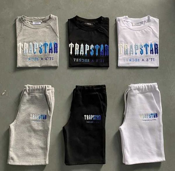 

men's trapstar t shirt set letter tracksuit short sleeve plush shortsmotion current a new design, White;black