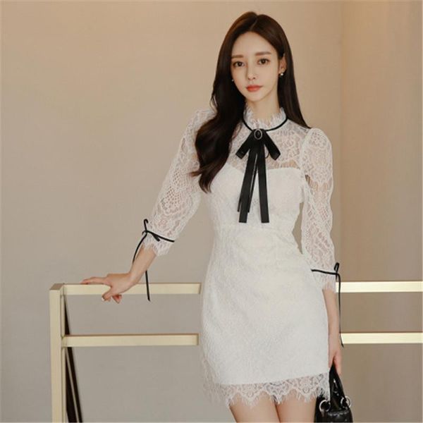 

dresses korean fashion temperament office women's slim lace dresses elegant neckline bow set in drill hollowing lace tassels dress, Black;gray