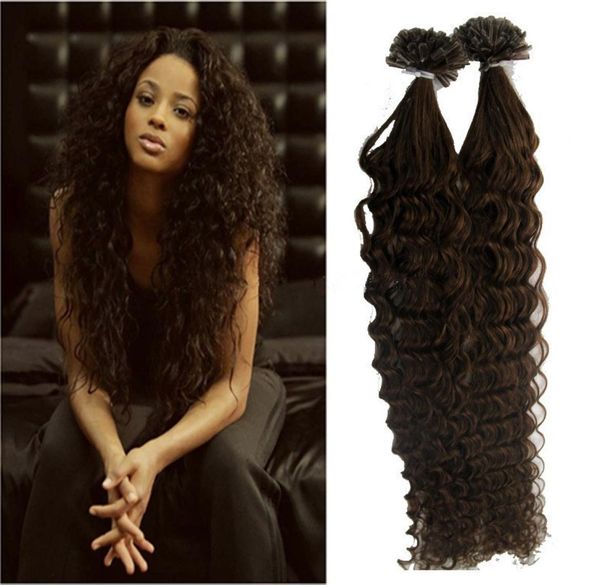 

4 dark brown brazilian deep curly u tip nail tip hair extensions 100gstrands remy human hair keratin fusion hair extensions7916870, Black