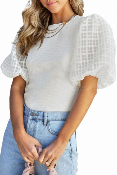 

white checkered puff sleeve ribbed knit 2023 new b1pm#