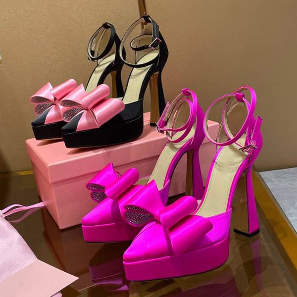 

fuchsia bowtie dress shoes bingbing rhinestone button sandals designer platform heel sandal 35-42 12.5cm high heeled love water diamond wome, Black