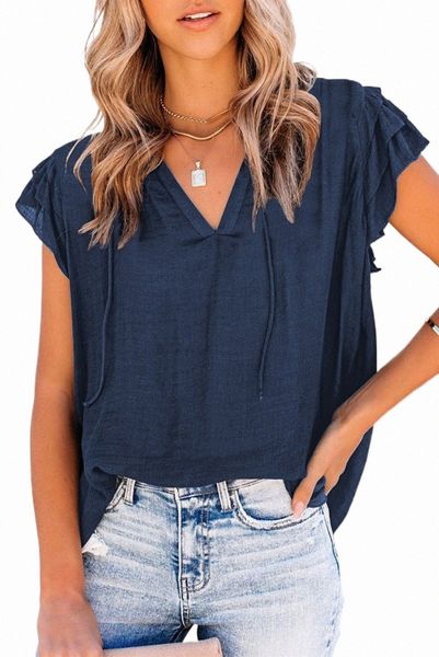 

blue tiered ruffled drawstring v neck 2023 new e3ym#, White