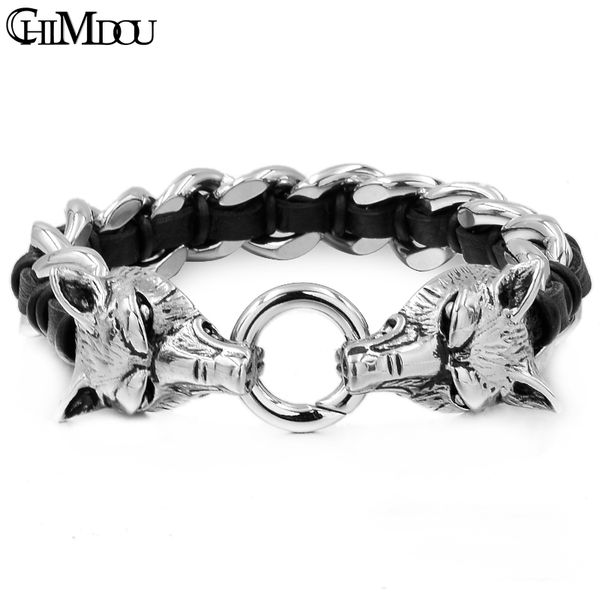 

chain double wolf head bracelet men punk rock jewelry 316l stainless steel bracelet leather cuban chain cool gift 230519, Black