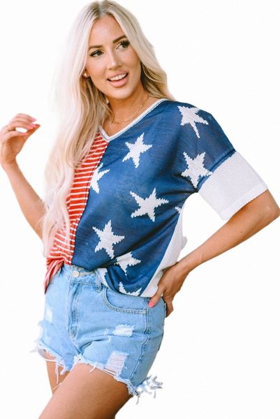 

multicolor stripes stars print knit short sleeves d5wz#, White