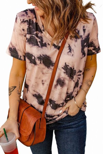 

pink tie-dye v neck t-shirt 2023 new 2023 new 46ph#, White