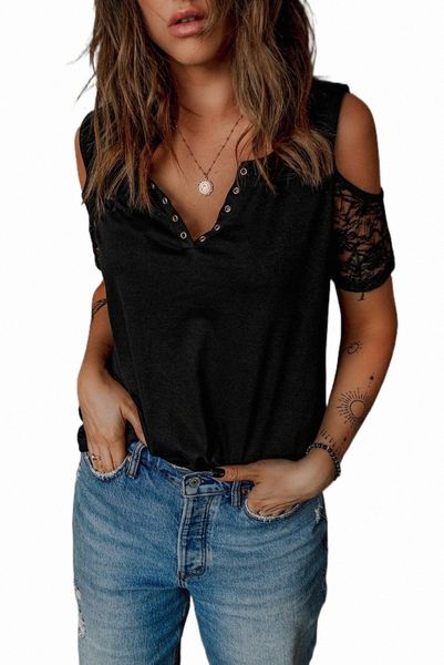 

black lace splicing cold shoulder t shirt 2023 new u1wr#, White
