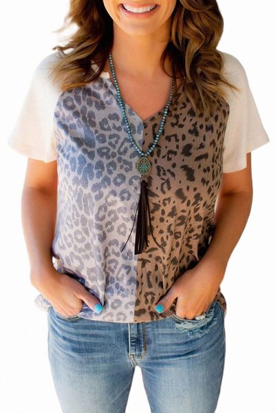 

leopard color block contrast waffle knit short sleeve p82v#, White