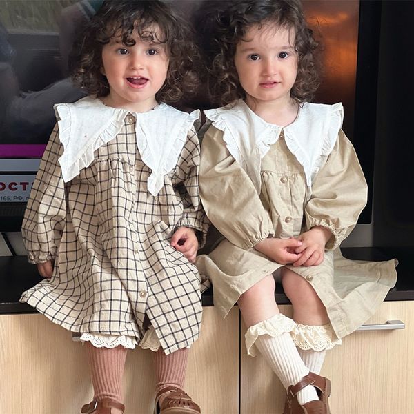 

girl's dresses summer baby girls dress casual plaid clothes korean cotton linen girls princess dress big turn down collar dress 230519, Red;yellow