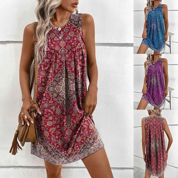 

basic casual dresses spring and summer womens sleeveless printed ethnic fashion dress 230518, Black;gray