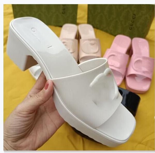 

2023 women sandals high heels rubber slide sandal platform slipper chunky 2.4"heel height shoes summer embossed flip flops size36-41 g6, Black